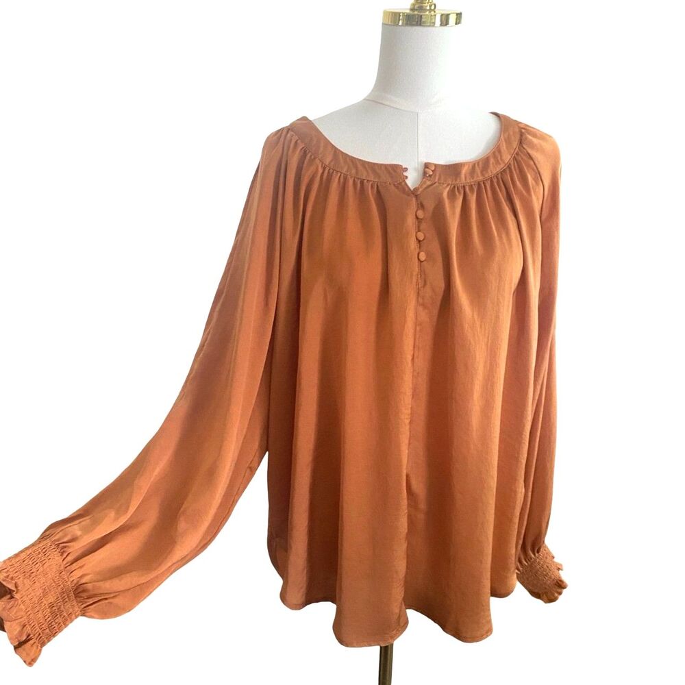 Umgee Satin Blouse L Caramel Long Sleeve Smocked Cuff Flowy Boho Top Cottagecore